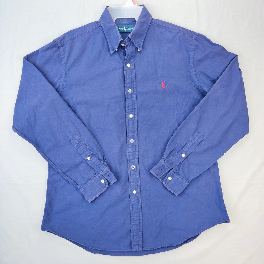 Ralph Lauren Button Down Mens L Blue Long Sleeve Pony Logo Twill Shirt Preppy